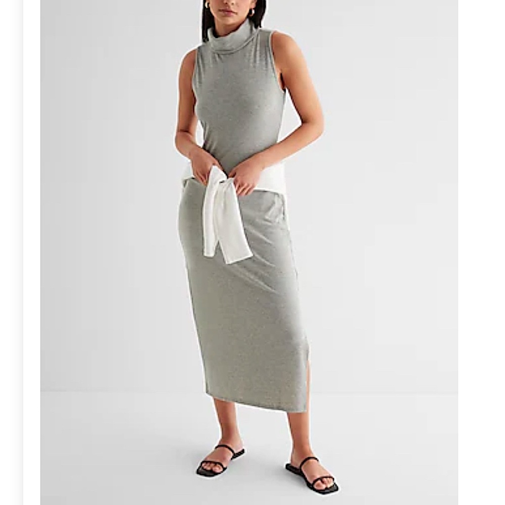 Express Ribbed Mock Neck Midi Dress Oatmeal Heather M